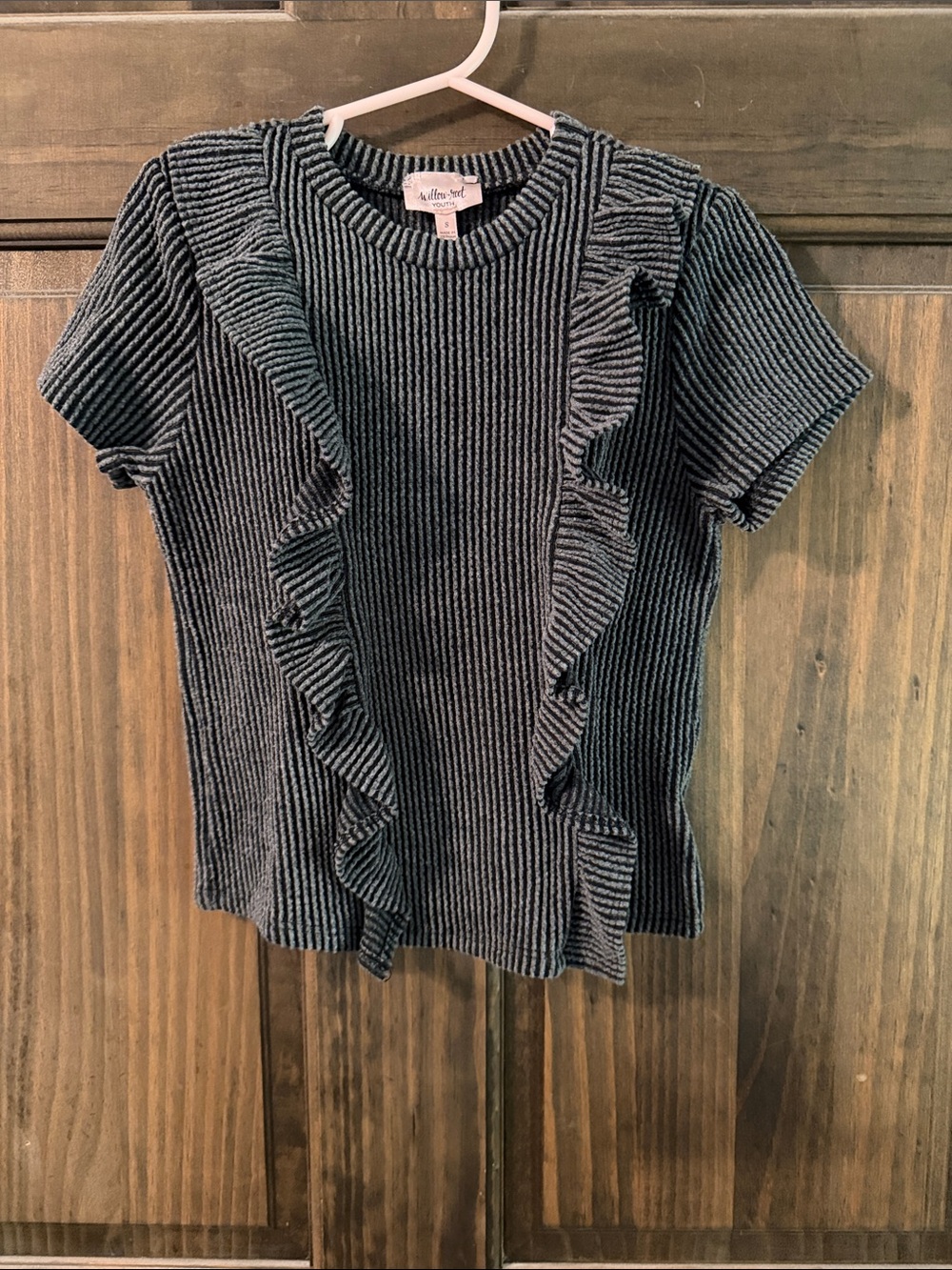 Allison Joy Black & White Ribbed Short Sleeve Ruffle Top